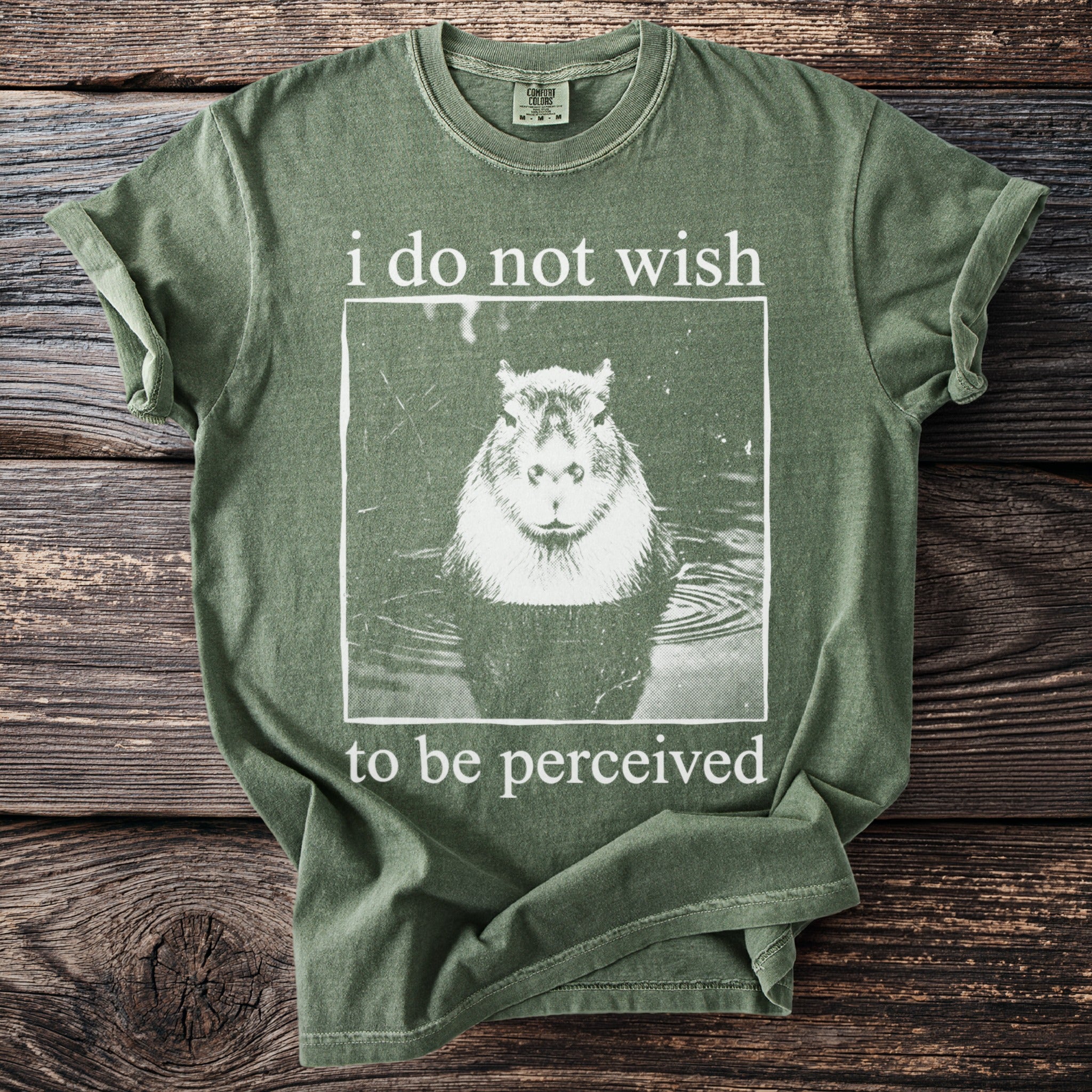 Green t-shirt with a capybara graphic and "i do not wish to be perceived" text.