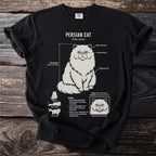 Persian cat breed information with diagrams and biology on a black t-shirt.