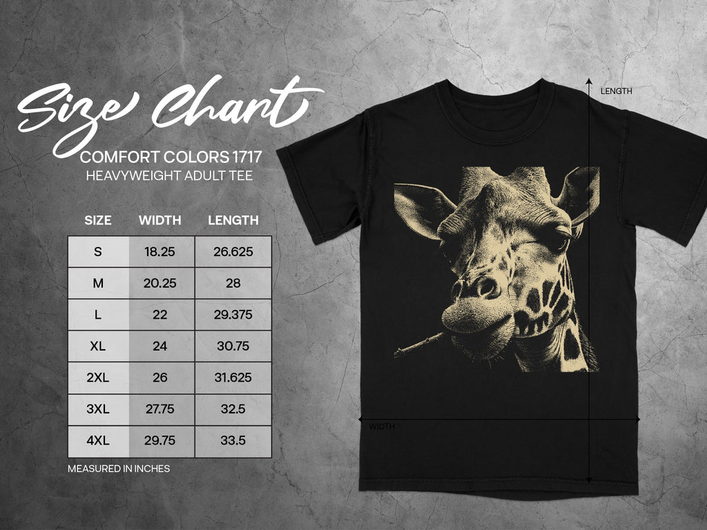 Black t-shirt size chart for Comfort Colors 1717 heavyweight adult tee with giraffe graphic.