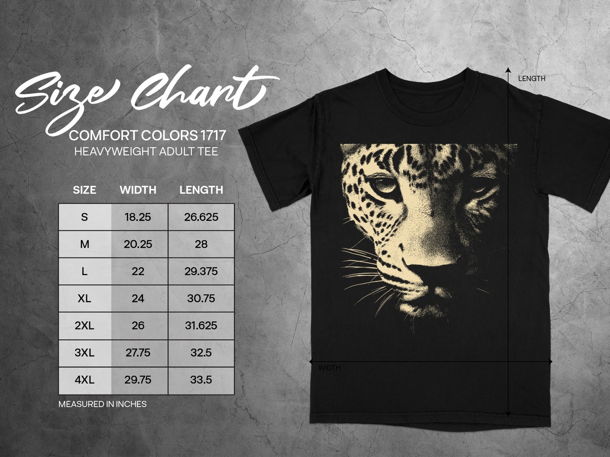 Comfort Colors 1717 heavyweight adult tee size chart with jaguar graphic.