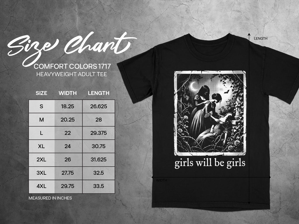 Black t-shirt with size chart and distressed graphic reading "girls will be girls".