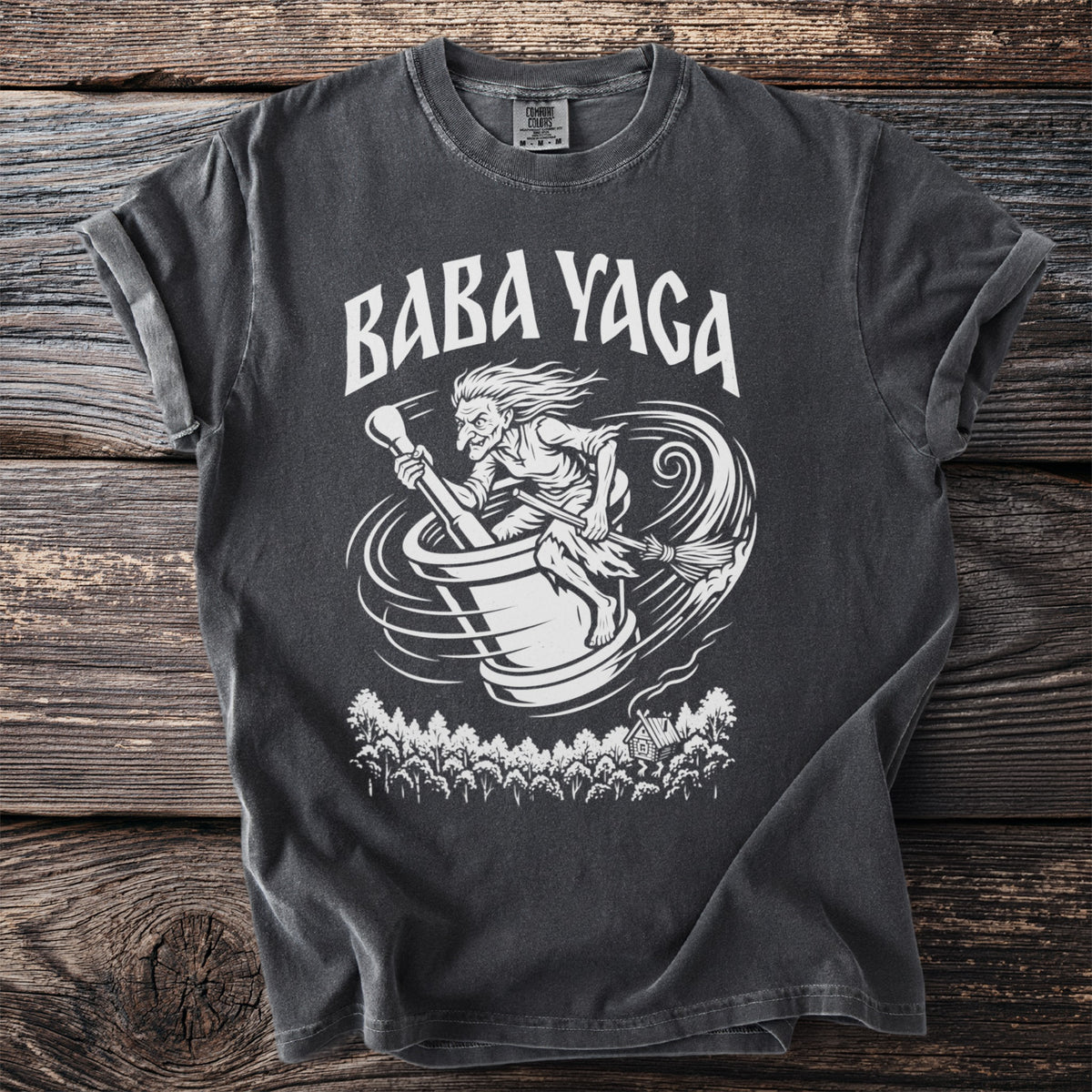Baba Yaga rides a broomstick and pestle through a swirling vortex above a forest.