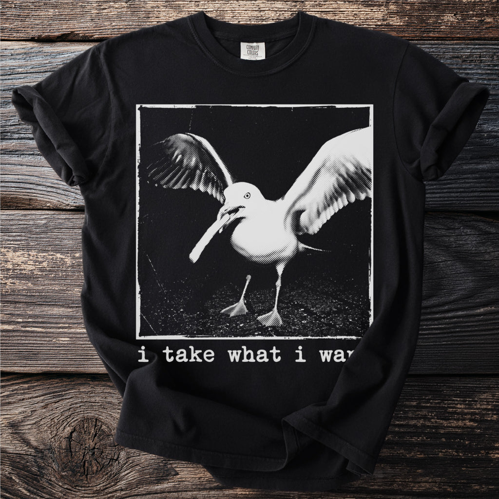 Black t-shirt with a seagull in flight and text "i take what i wa".
