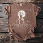 Brown t-shirt with a distressed graphic of a raccoon howling at the full moon.