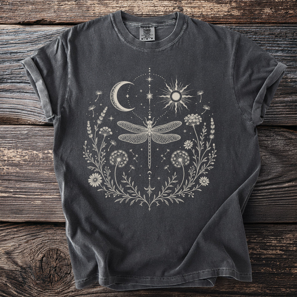 Dark gray t-shirt with celestial and floral mandala design featuring a dragonfly.
