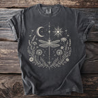 Dark gray t-shirt with celestial and floral mandala design featuring a dragonfly.