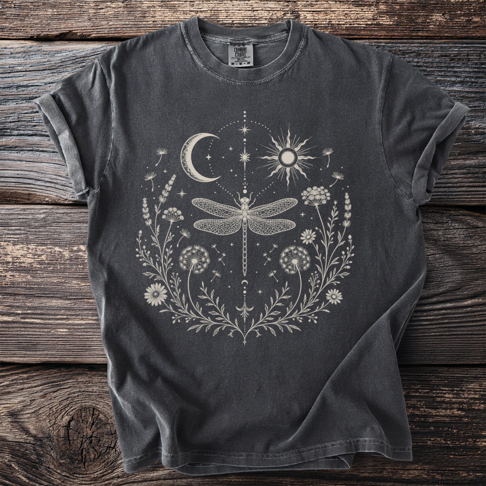 Dark gray t-shirt with celestial and floral mandala design featuring a dragonfly.