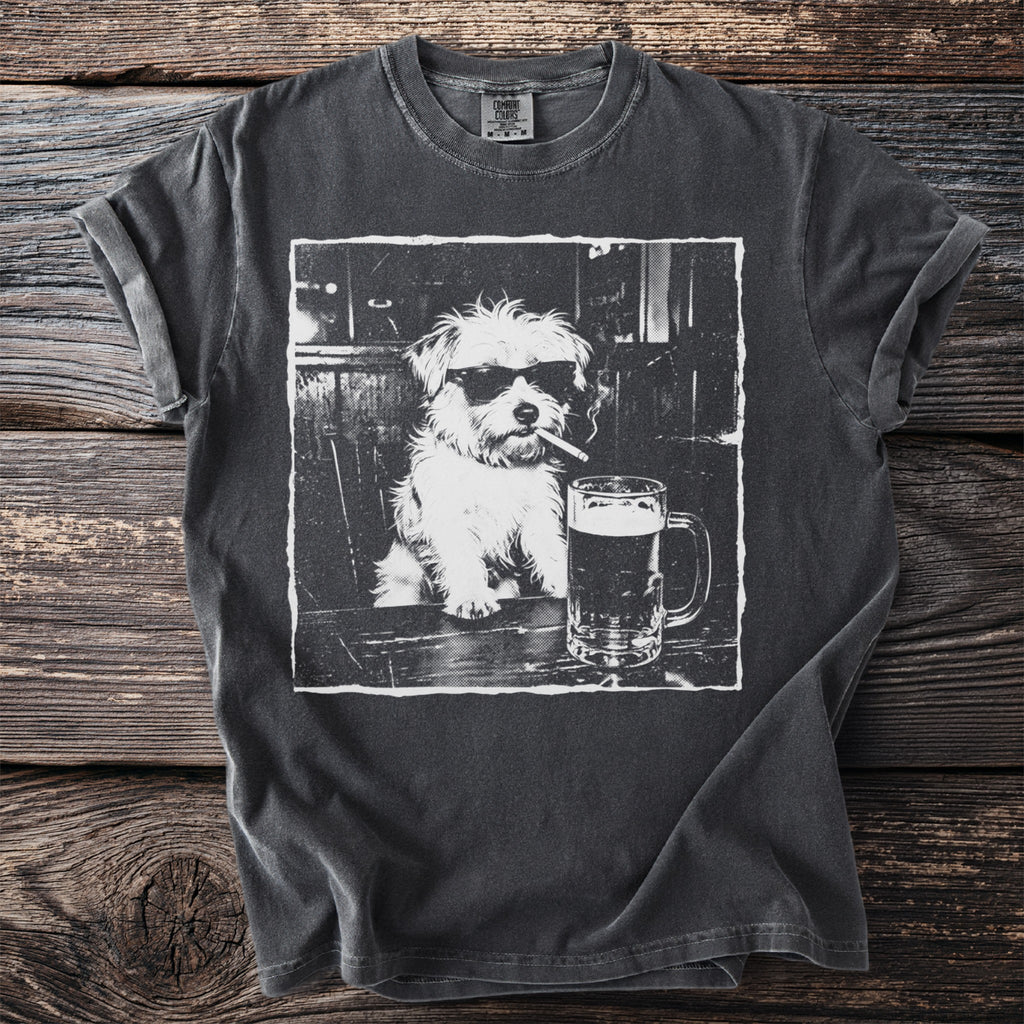 T-shirt with graphic of a dog wearing sunglasses smoking a cigarette with a beer.