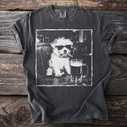 T-shirt with graphic of a dog wearing sunglasses smoking a cigarette with a beer.