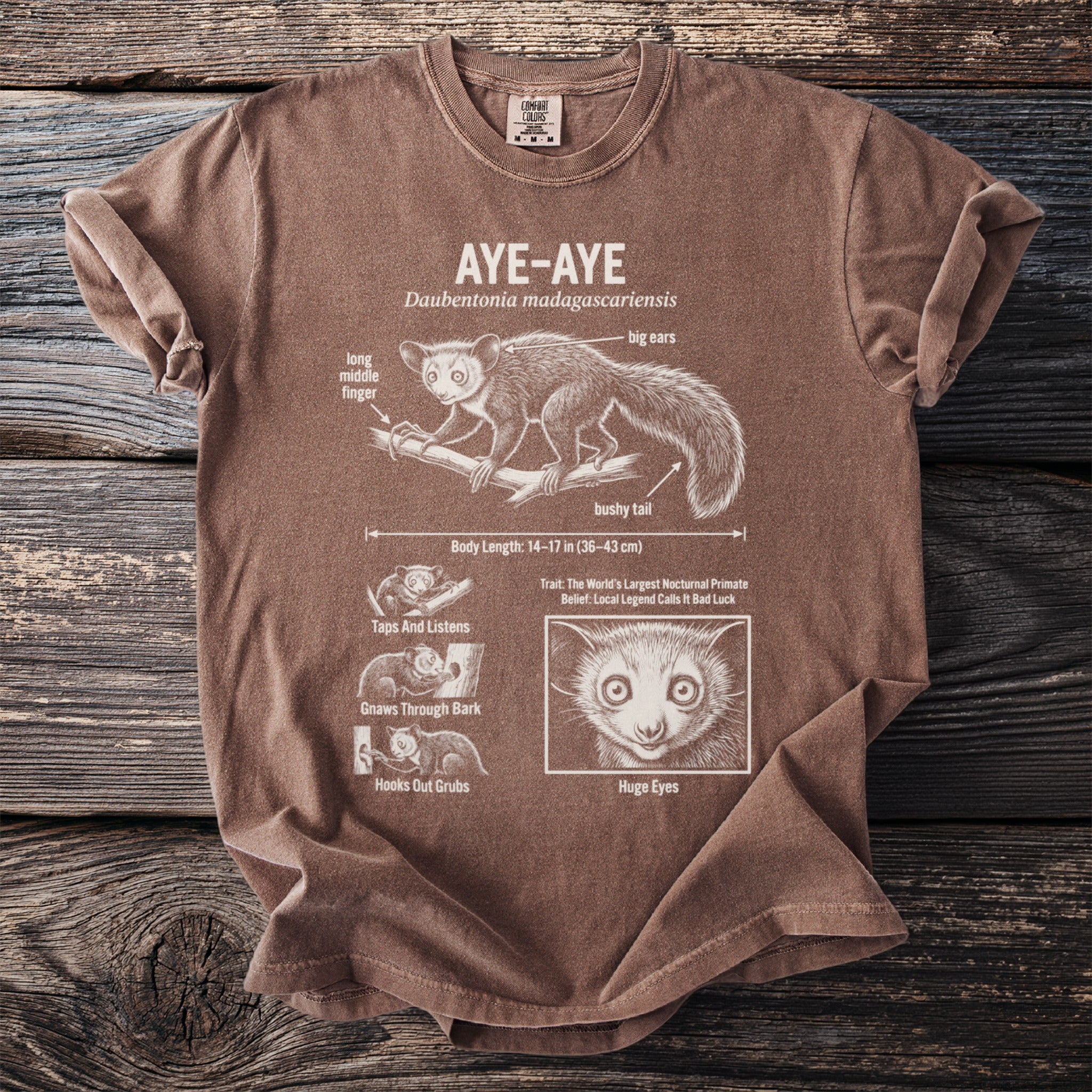 Brown t-shirt with illustrations and facts about the Aye-aye primate.