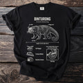 Binturong illustration with labels for ear tufts, shaggy coat, flat feet, length, scent, and traits.