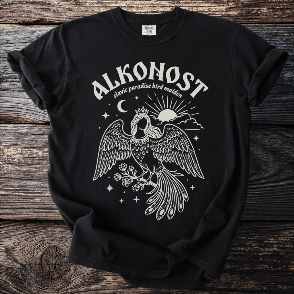 Black t-shirt with Alkonost Slavic paradise bird maiden graphic design.
