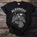Black t-shirt with Alkonost Slavic paradise bird maiden graphic design.