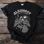 Black t-shirt with Alkonost Slavic paradise bird maiden graphic design.