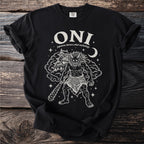 Black t-shirt with white graphic of an Oni demon and Japanese mythology castle.