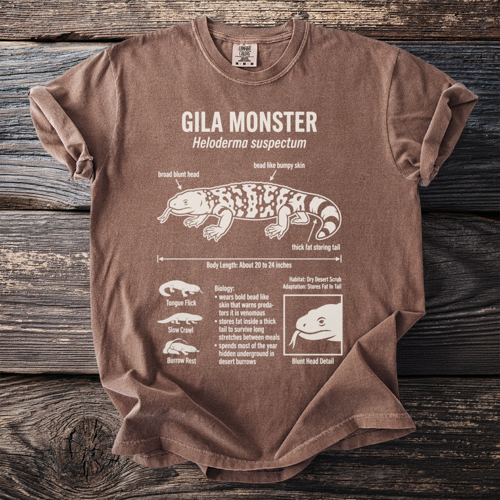 Gila Monster diagram on brown t-shirt with biology and habitat information.