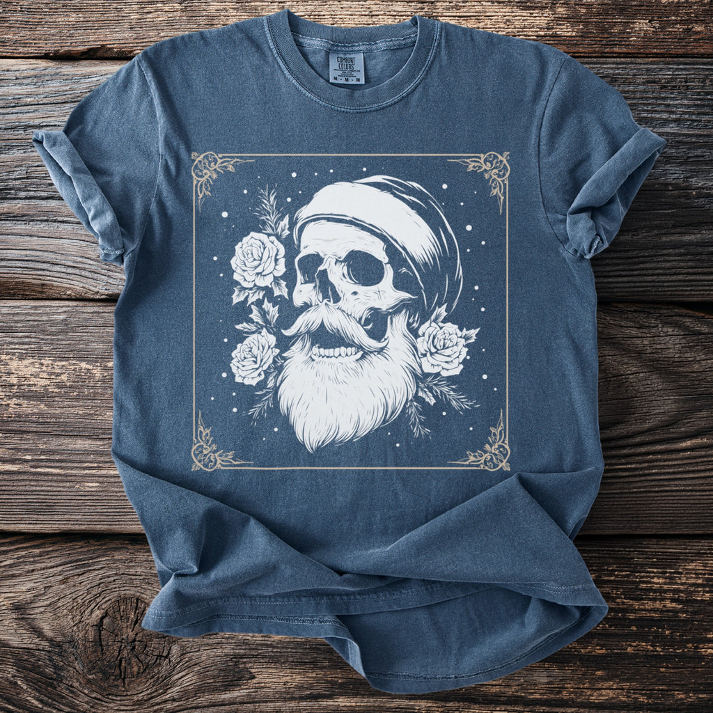 Blue t-shirt with skull, beard, mustache, and roses graphic in ornate frame.