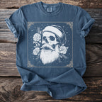 Blue t-shirt with skull, beard, mustache, and roses graphic in ornate frame.