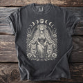 T-shirt with a mystical goddess, two cats, floral motifs, and moon phases illustration.