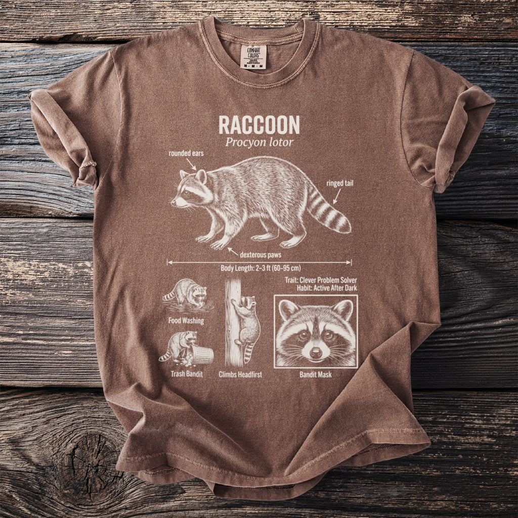 T-shirt with raccoon diagram identifying "rounded ears," "ringed tail," and "bandit mask."