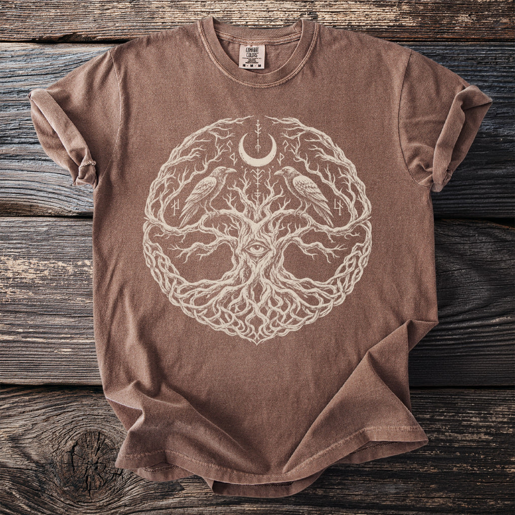 Brown t-shirt with white tree of life, crescent moon, eye, and rune print.