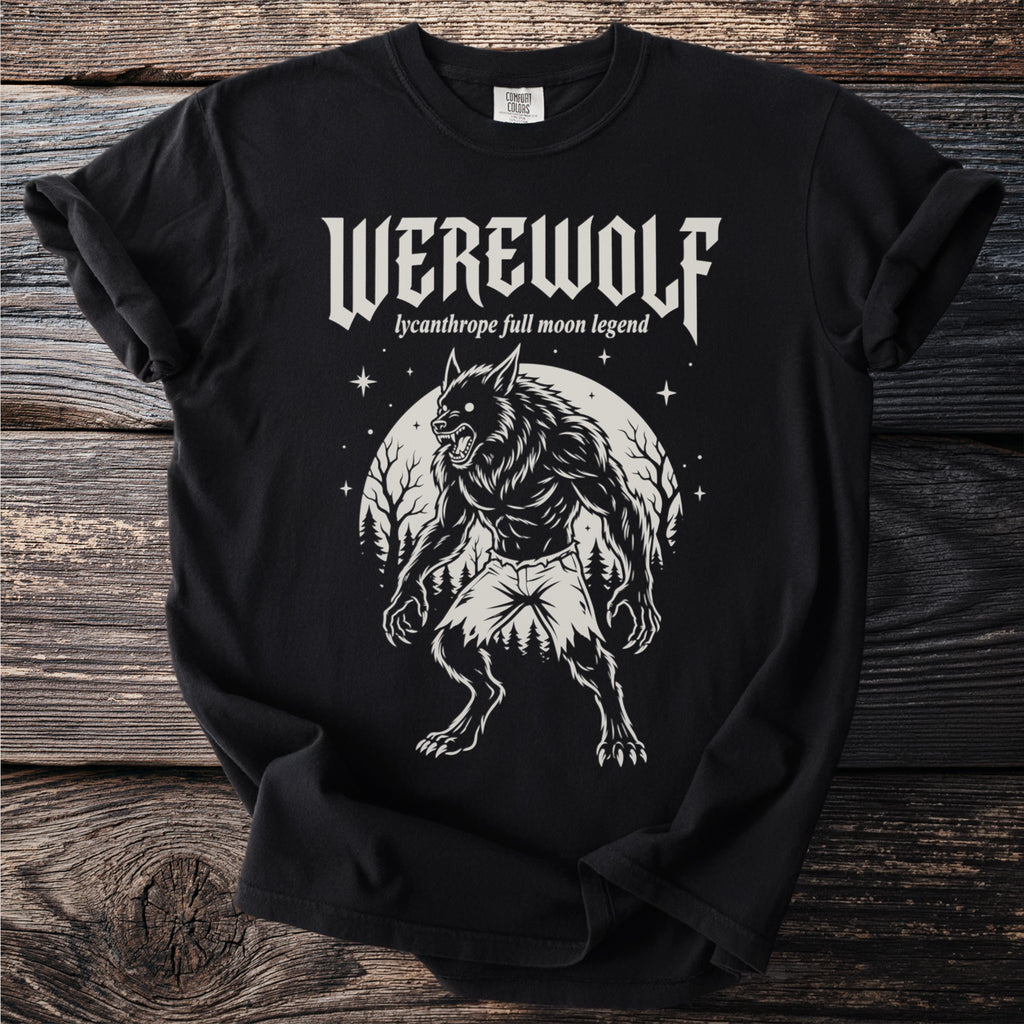 Black t-shirt with a centered werewolf graphic and text "WEREWOLF lycanthrope full moon legend".