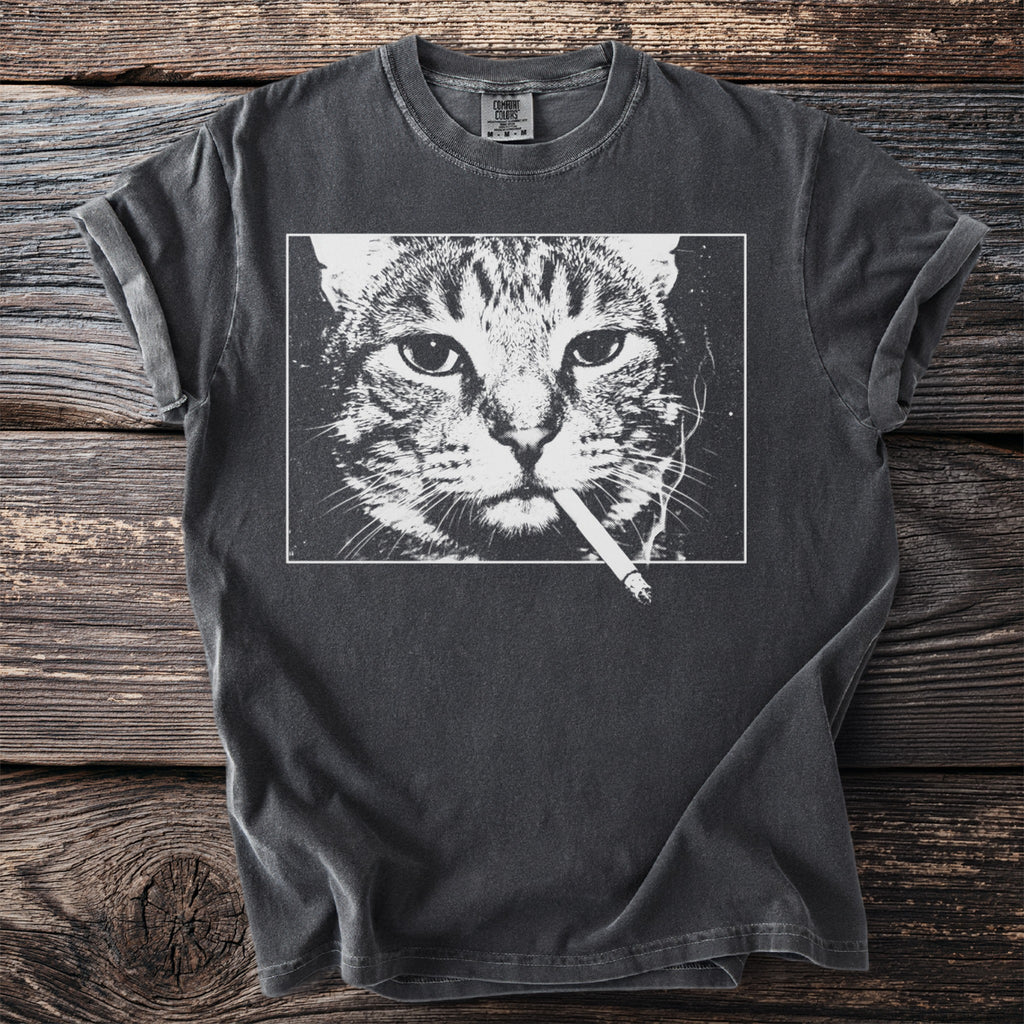 T-shirt with black and white print of a cat smoking a cigarette.