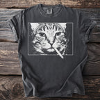 T-shirt with black and white print of a cat smoking a cigarette.