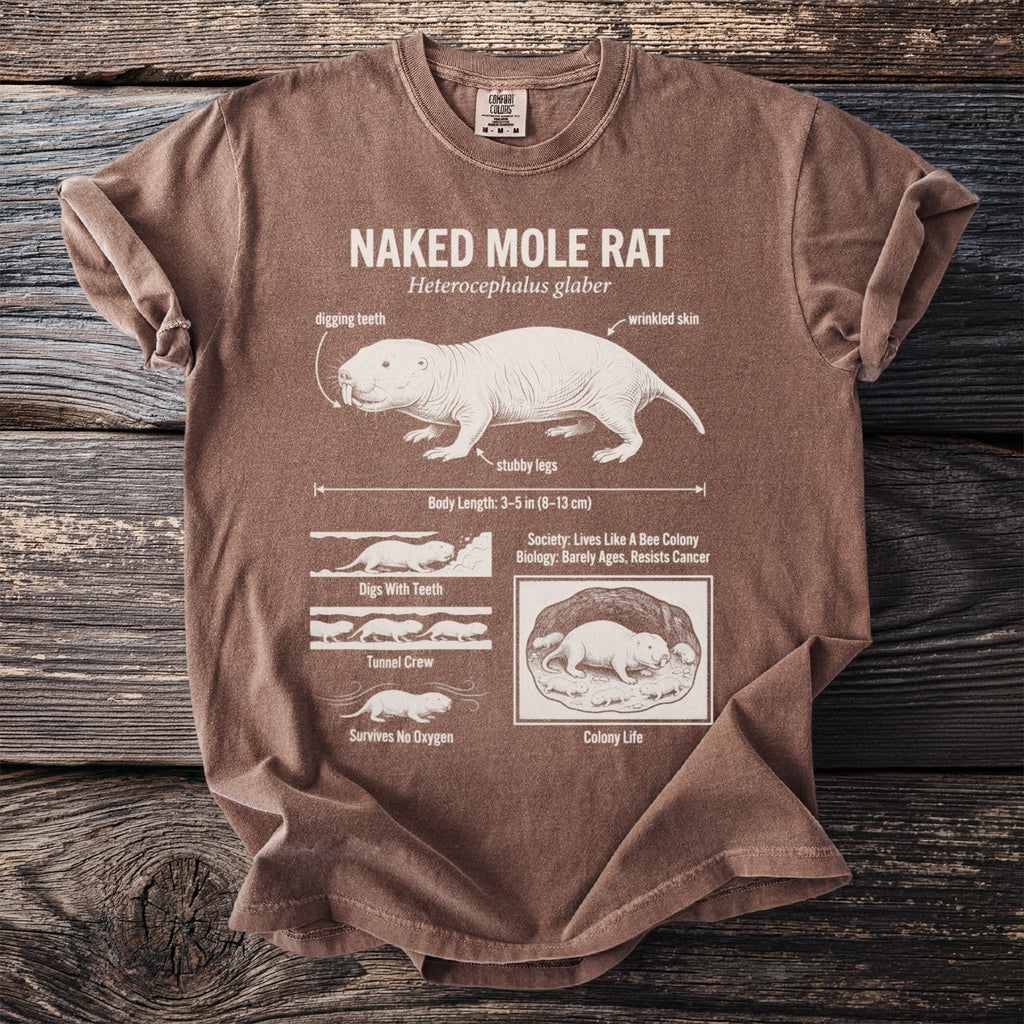 Brown t-shirt with Naked Mole Rat diagram, including "digging teeth" and "colony life".
