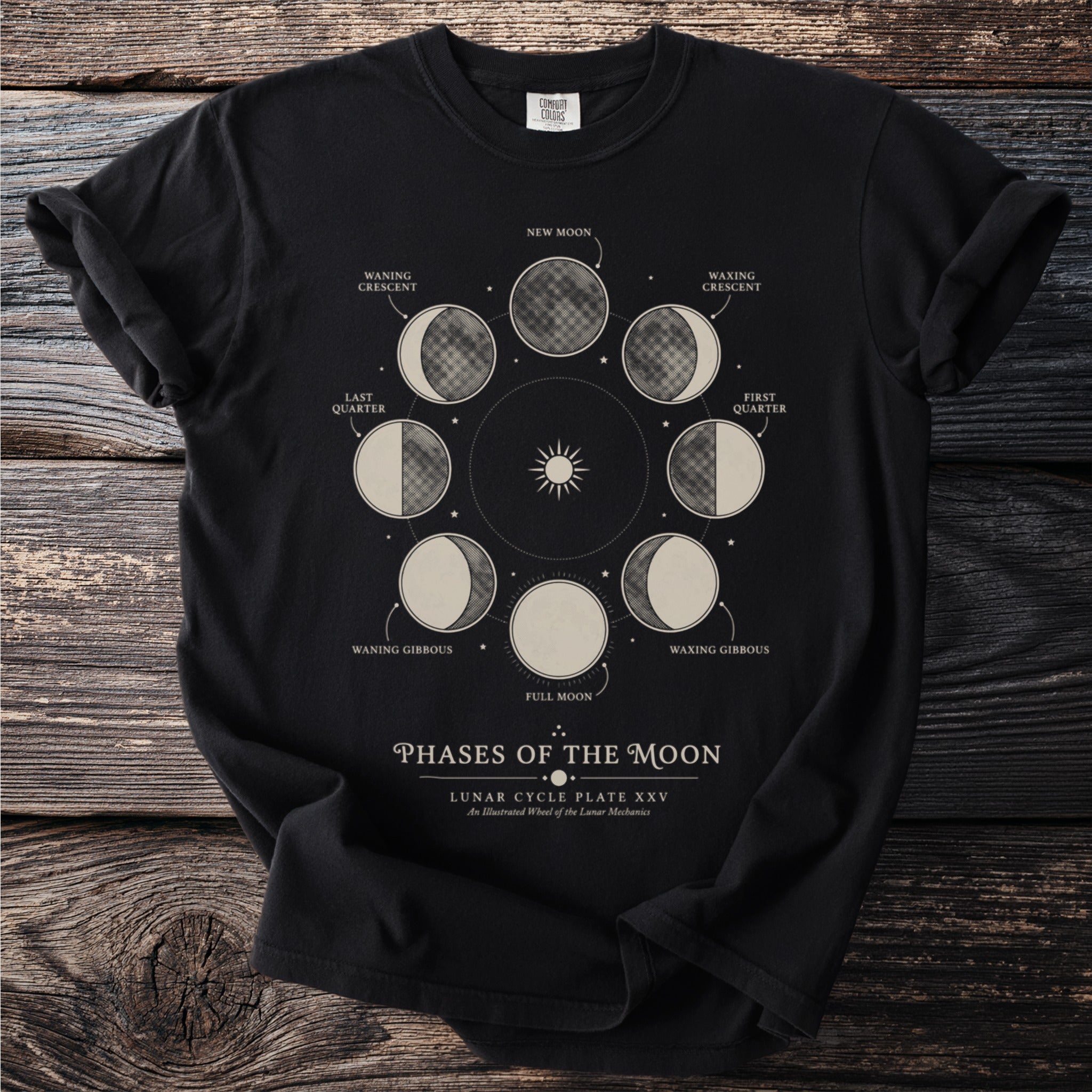 Black t-shirt showing the phases of the moon with text "Phases of the Moon".