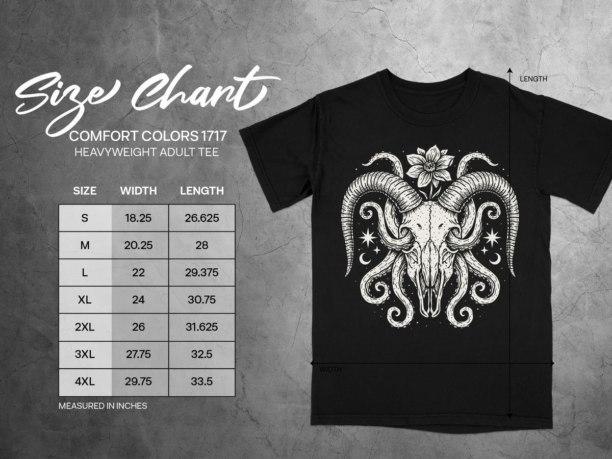 Comfort Colors 1717 heavyweight adult tee size chart with width and length measurements.