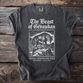 T-shirt with "The Beast of Gévaudan" text and a wolf illustration.