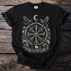 Black t-shirt with a circular Norse design featuring ravens, a moon, and a Viking ship.