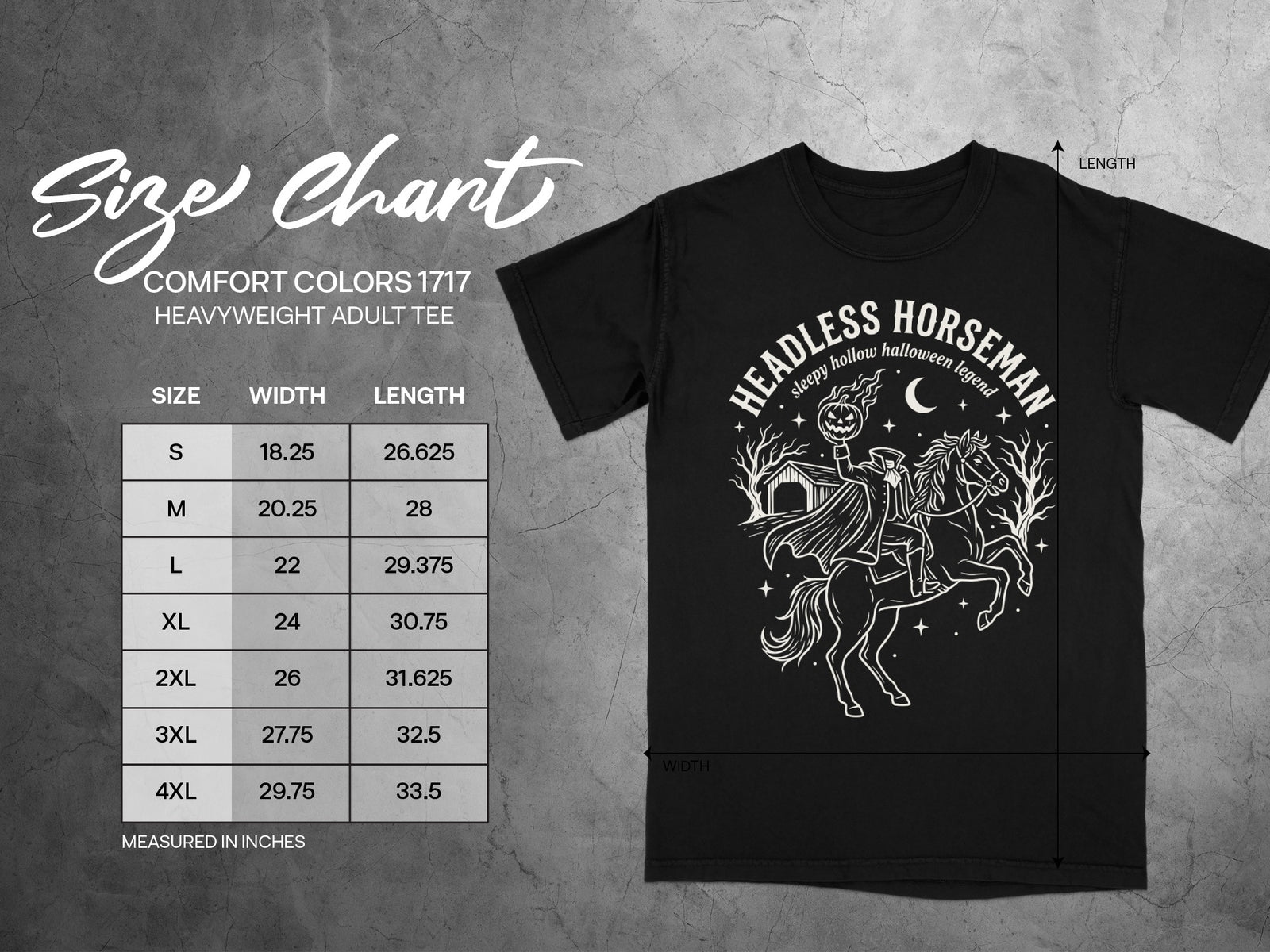 Black t-shirt with headless horseman graphic and size chart.