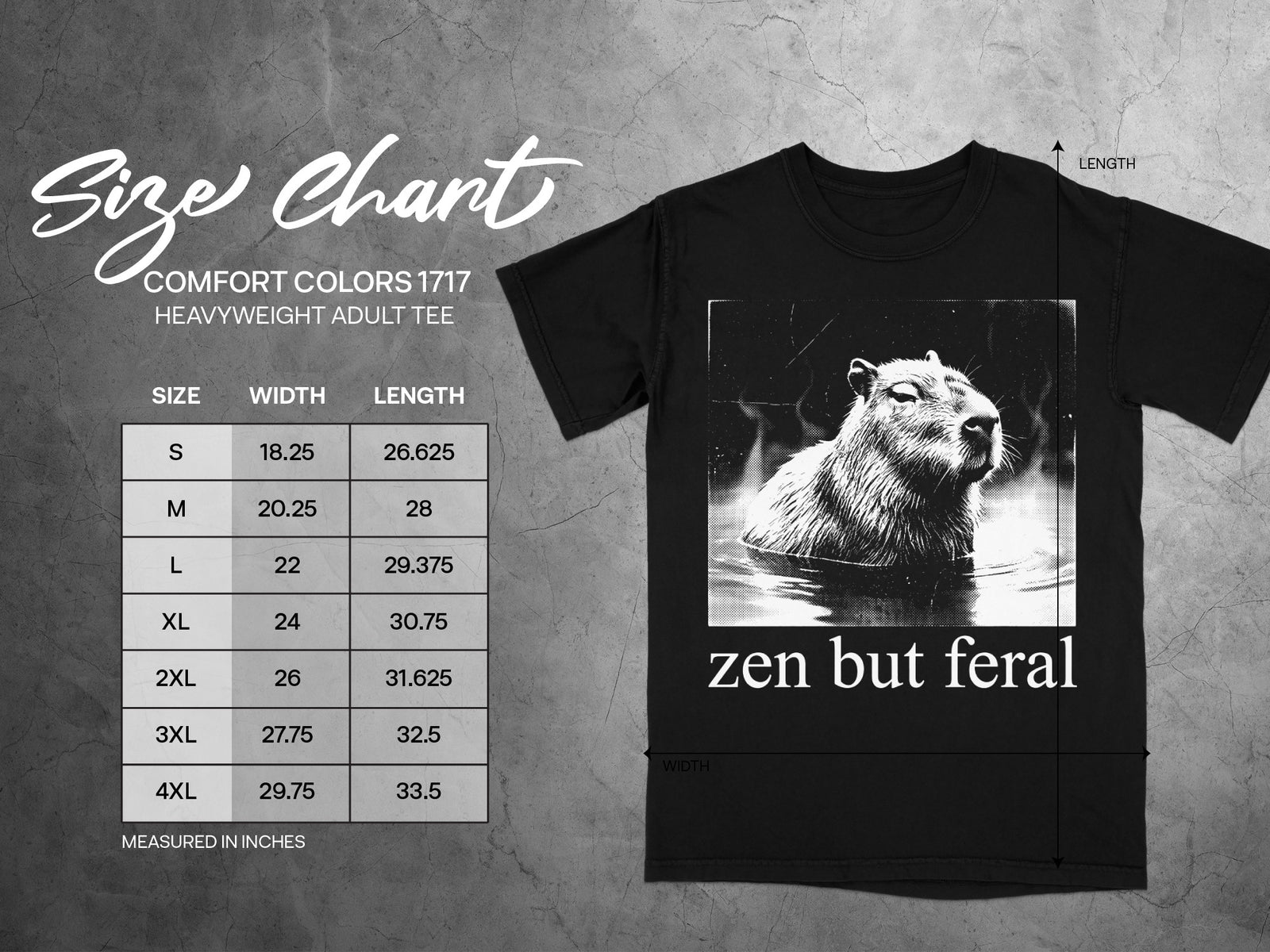 Size chart for Comfort Colors 1717 heavyweight adult tee with capybara graphic.