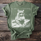 Green t-shirt with white graphic of a raccoon wearing sunglasses drinking from a cup.