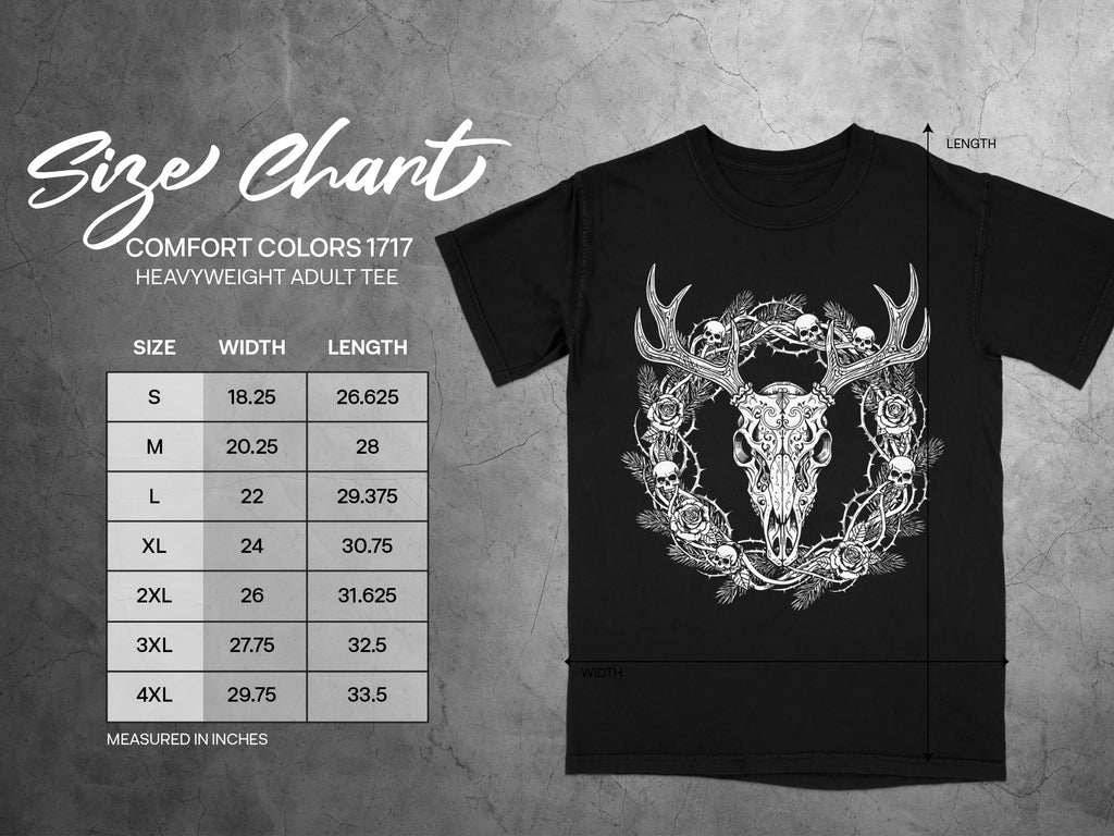 Comfort Colors 1717 heavyweight adult tee size chart with skull and antler graphic.