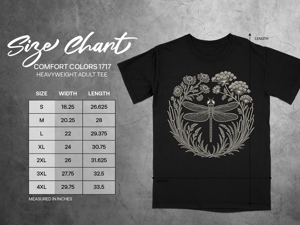 Comfort Colors 1717 heavyweight adult tee with dragonfly graphic and size chart.
