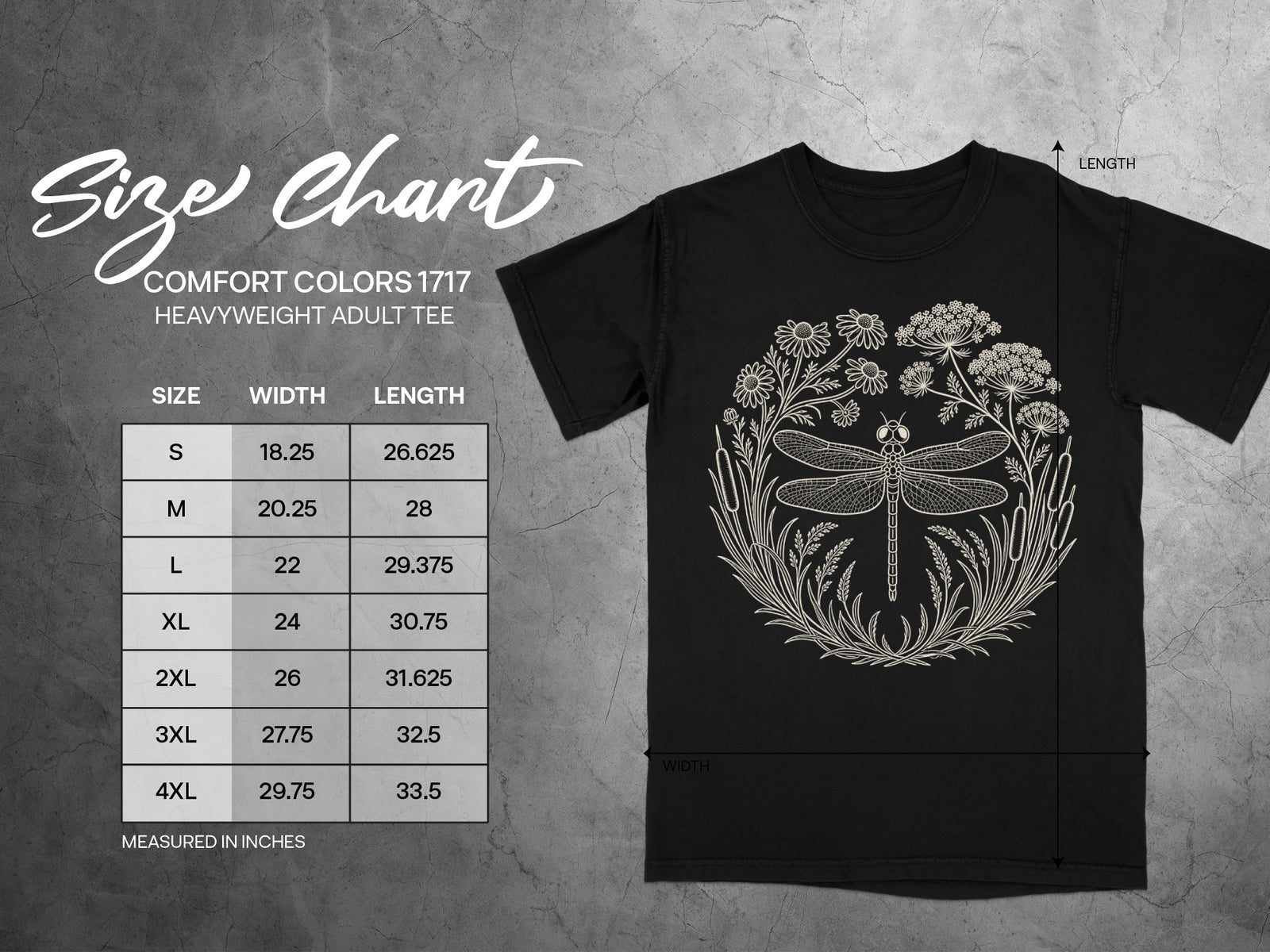 Comfort Colors 1717 heavyweight adult tee with dragonfly graphic and size chart.