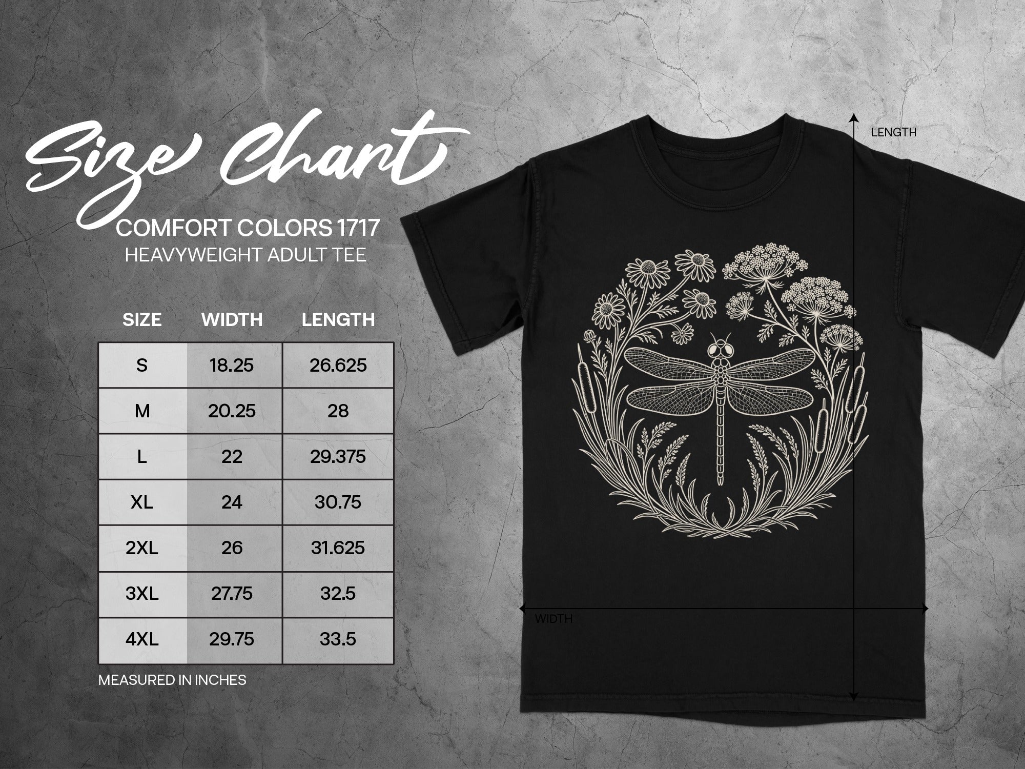 Comfort Colors 1717 heavyweight adult tee with dragonfly graphic and size chart.