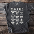 T-shirt with "MOTHS AN ILLUSTRATED STUDY OF THE INSECT WORLD" and moth illustrations.