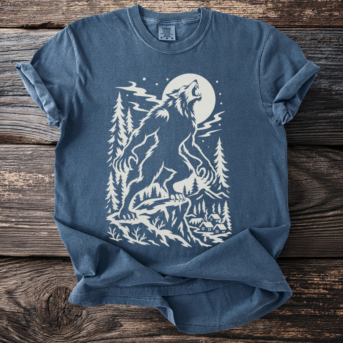Werewolf howling at full moon in a forest with village below