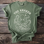 Green t-shirt with white graphic of The Kraken legend and pirate ship.
