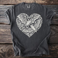 Dark gray t-shirt with white bat heart graphic and black label.