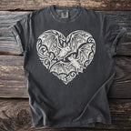 Dark gray t-shirt with white bat heart graphic and black label.