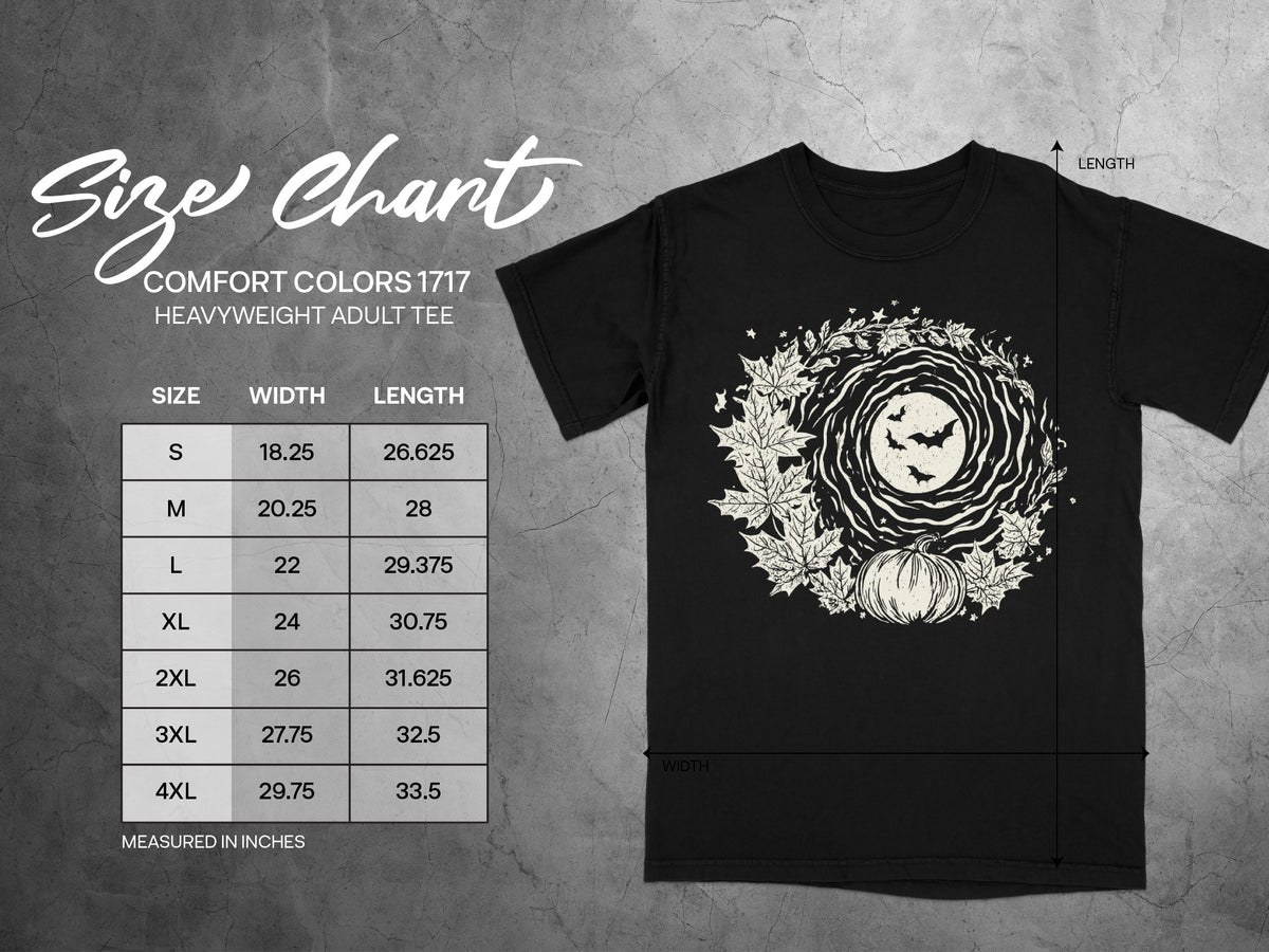 Comfort Colors 1717 heavyweight adult tee size chart showing width and length in inches.