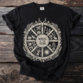 Black t-shirt with a cream-colored Wheel of the Year design and text.