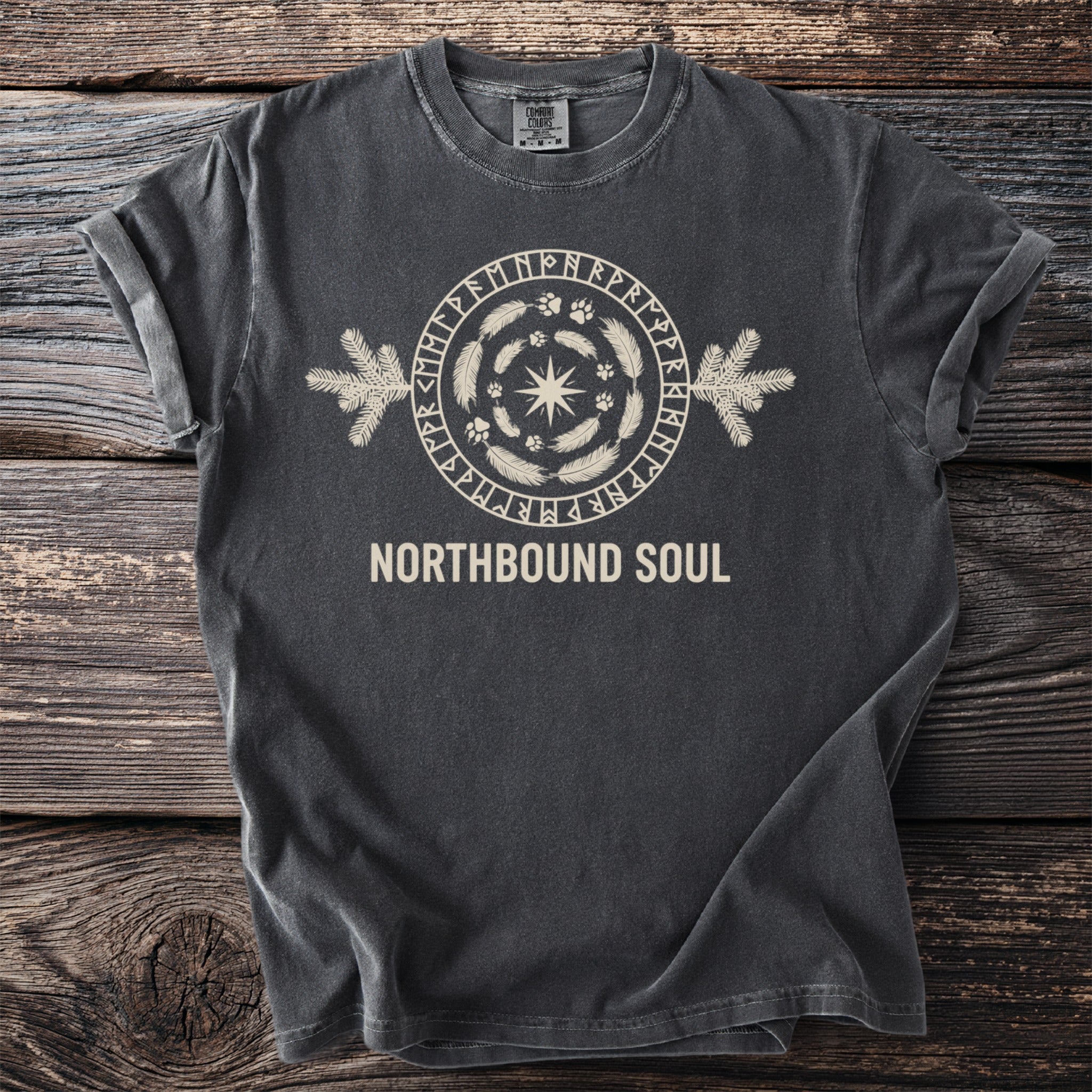 Dark gray t-shirt with a circular rune design and "NORTHBOUND SOUL" text.