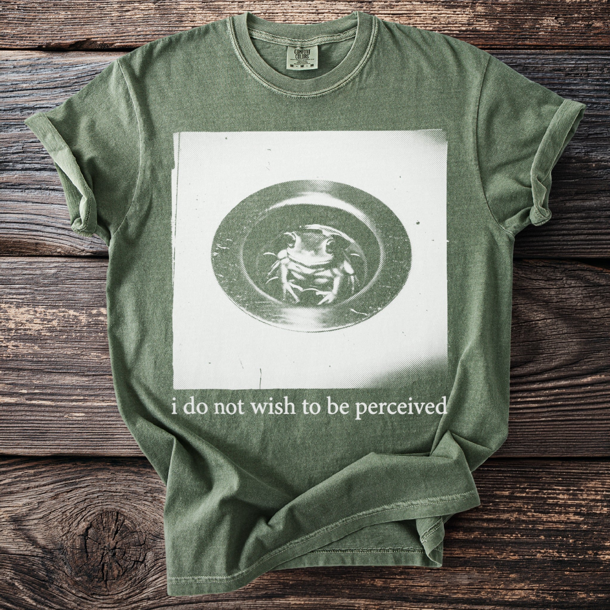Green t-shirt with graphic of frog in a drain and text "i do not wish to be perceived".
