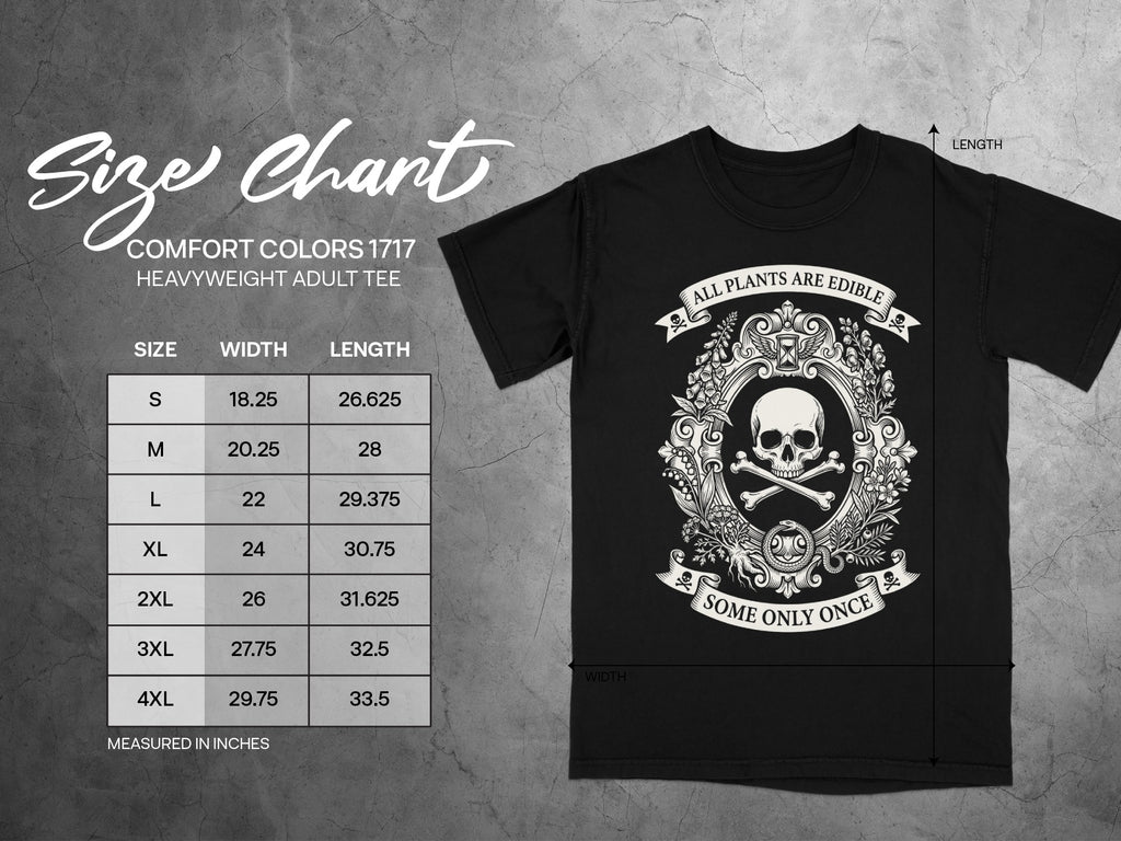 Comfort Colors size chart for an adult heavyweight tee with measurements in inches.